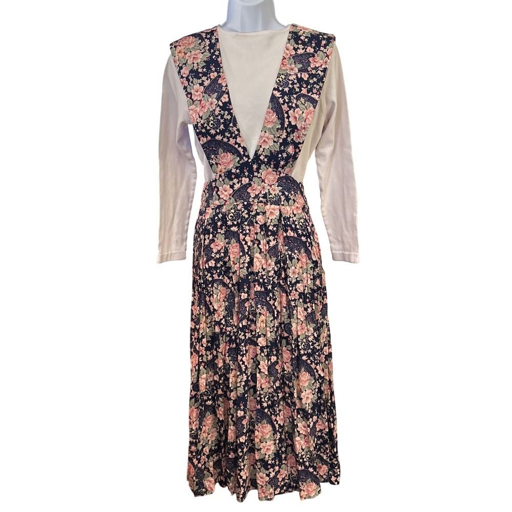 Vintage Floral Pinafore Dress Navy Pink Roses Midi Pleated Rayon retro Size 12